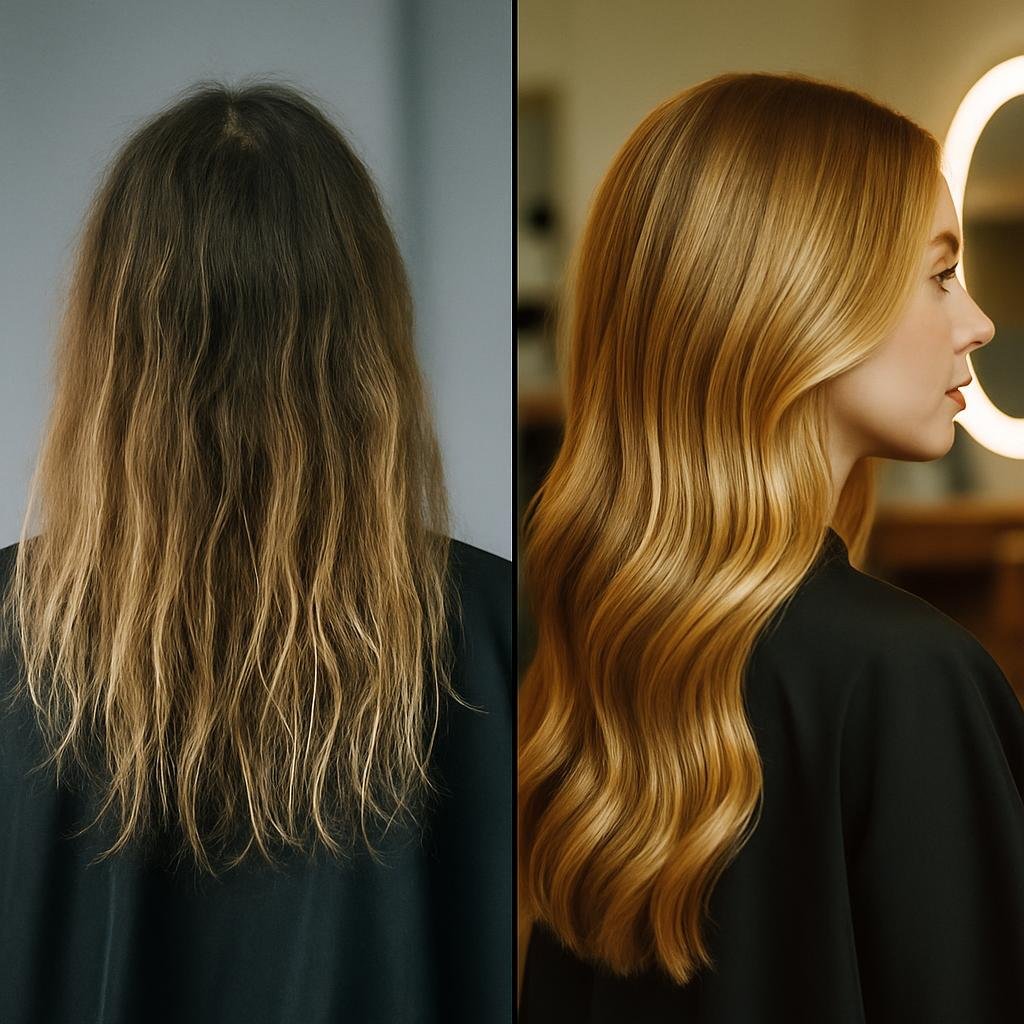 AI-generated concept image for this demo: a before and after hair colour transformation, dull hair on the left, glossy honey-blonde balayage on the right. Not a real Bloom client.