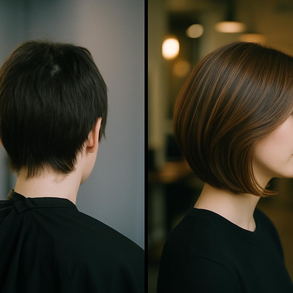 AI-generated concept image for this demo: a before and after haircut transformation, short uneven hair on the left, sleek layered bob on the right. Not a real Bloom client.