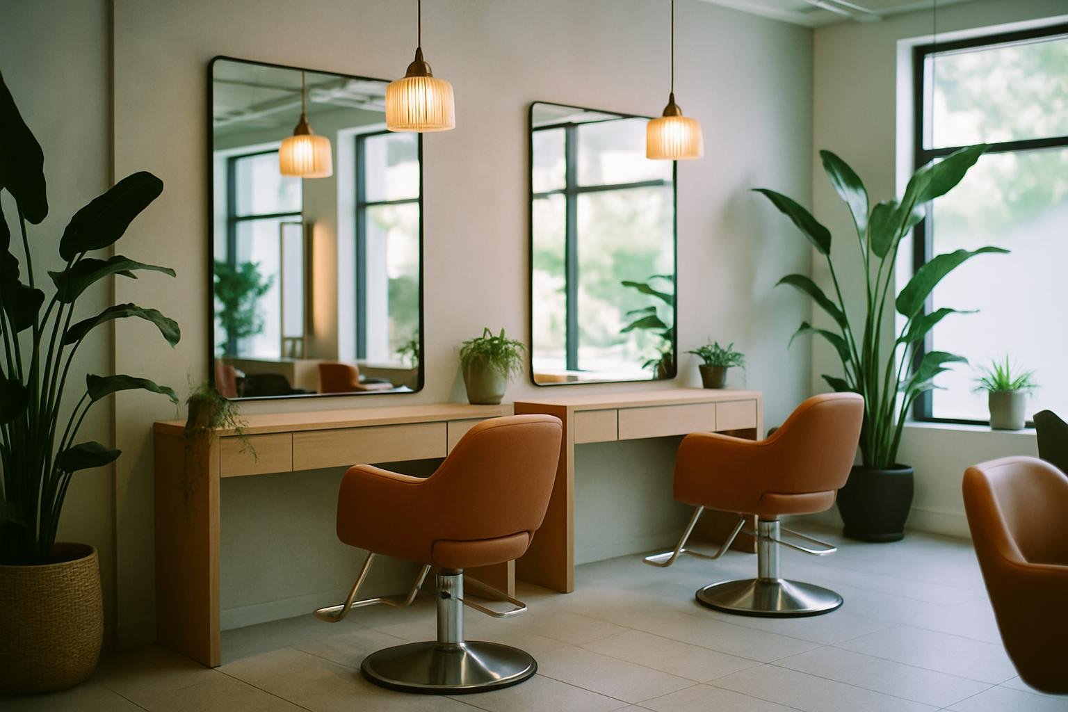 AI-generated concept image for this demo: a bright, plant-filled salon interior with styling stations and large mirrors. Not a real photo of Bloom Hair & Beauty's studio.