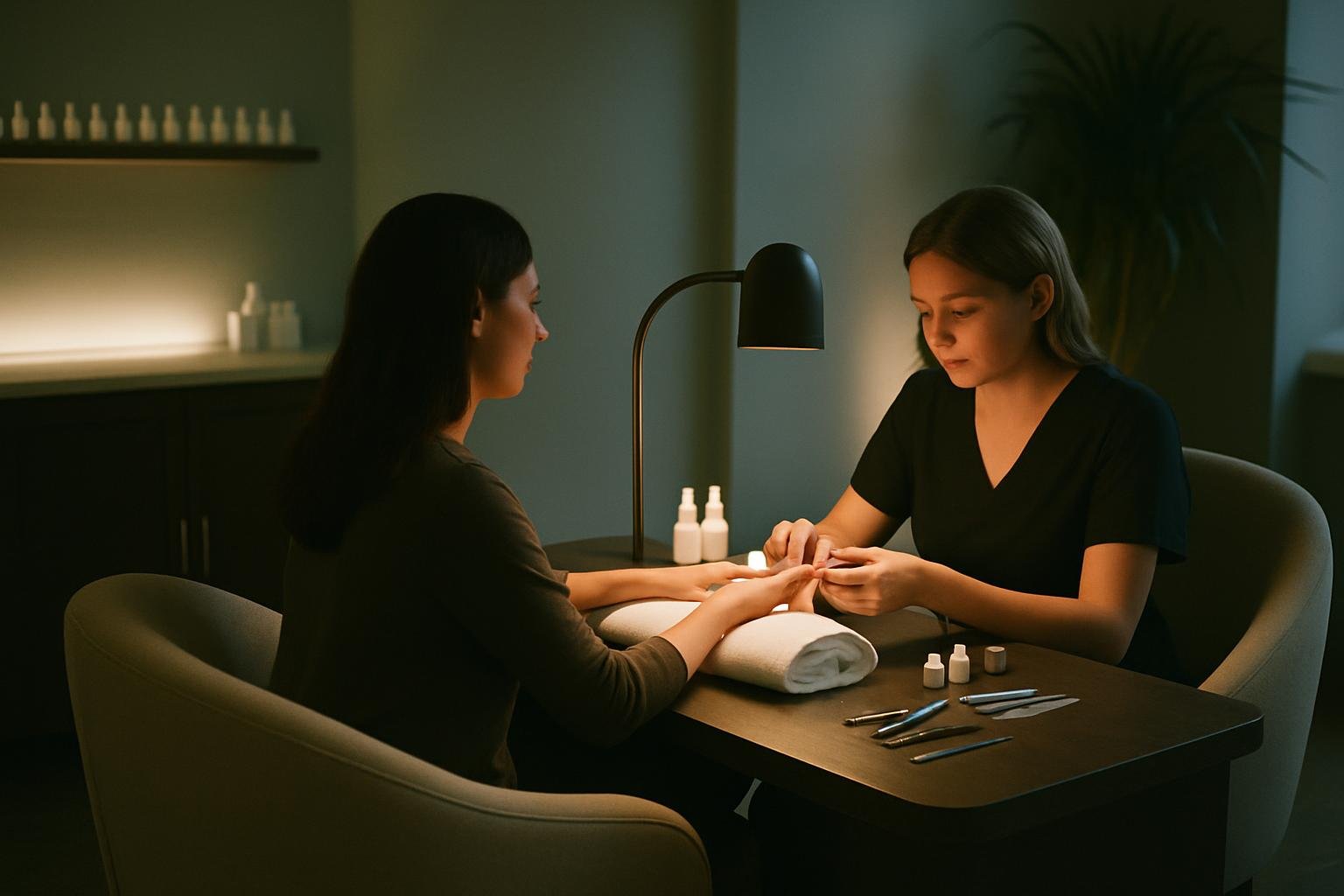 AI-generated concept image for this demo: a calm, softly lit salon nail station with comfortable seating. Not a real photo of Bloom Hair & Beauty's studio.