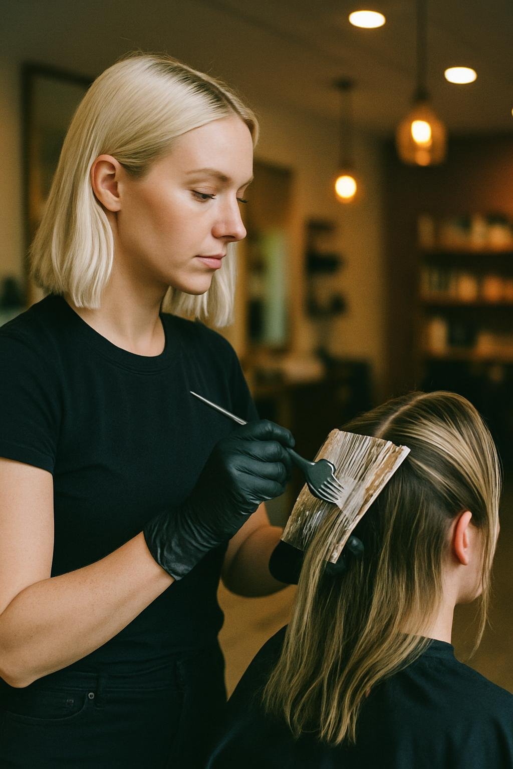 AI-generated concept image for this demo: a hairstylist applying colour to a client's hair in a bright, warmly lit salon. Not a real photo of Bloom Hair & Beauty or its staff.