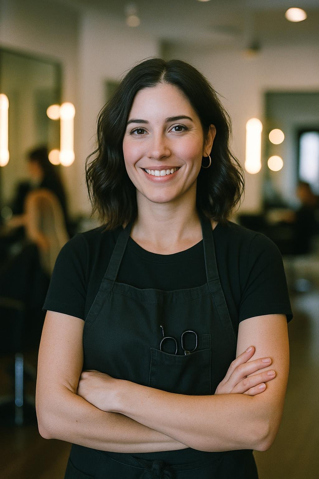 AI-generated concept image for this demo: a friendly, confident female hairstylist. Not a real photo of Bloom Hair & Beauty's staff.