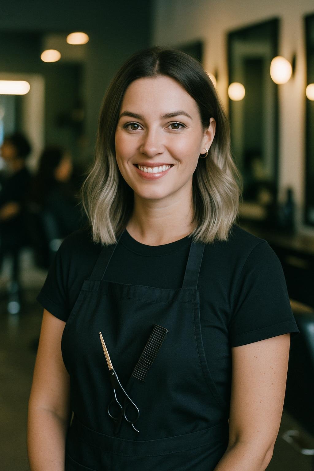 AI-generated concept image for this demo: a friendly, confident female hairstylist. Not a real photo of Bloom Hair & Beauty's staff.