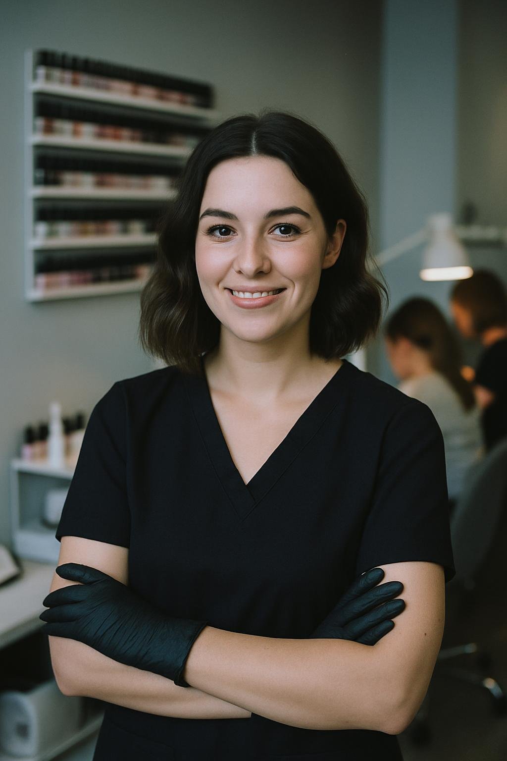 AI-generated concept image for this demo: a friendly, confident nail technician. Not a real photo of Bloom Hair & Beauty's staff.